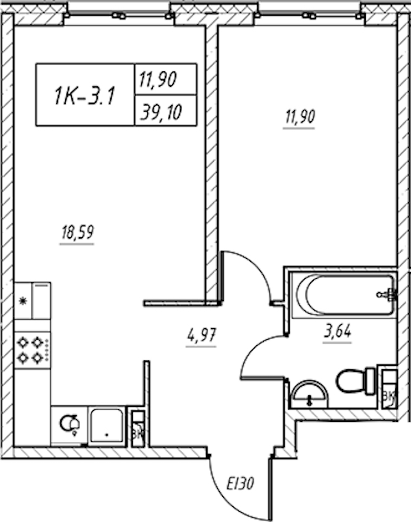1-комнатная квартира 39.1 м², 2/14 эт., Комплекс апартаментов «Zoom на Неве»